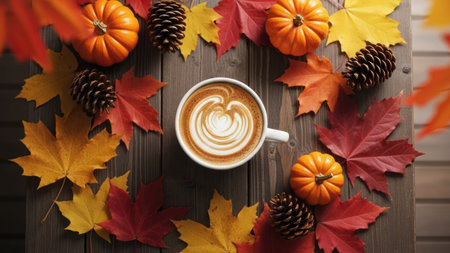 Cup of coffee with autumn leaves and pumpkins on wooden backgroundの素材