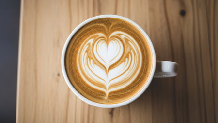 Latte art coffee on wooden table in coffee shop vintage color toneの素材