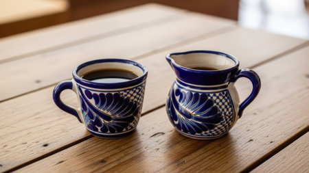 Two cups of coffee on a wooden table in a cafe, selective focusの素材