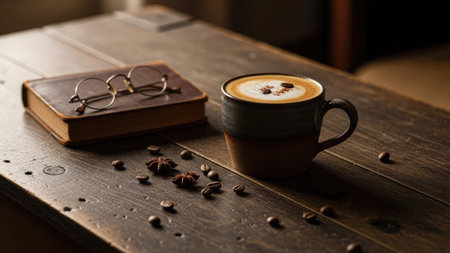Coffee cup with book and eyeglasses on wooden tableの素材