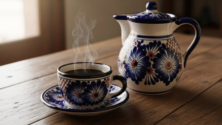 A cup of coffee and a teapot on a wooden tableの素材