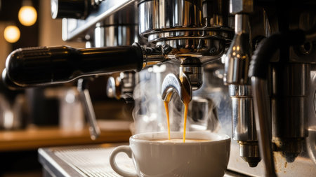 Close up of coffee machine making cappuccino in white cupの素材