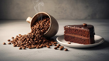 Chocolate cake with coffee beans and a cup of coffee on a gray backgroundの素材