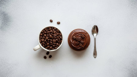 Coffee cup and coffee beans on white background, top viewの素材