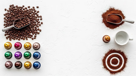 Coffee beans, powder and coffee cups on white background top view.の素材