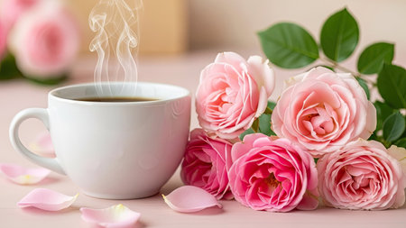 Cup of coffee and pink roses on wooden table, stock photoの素材