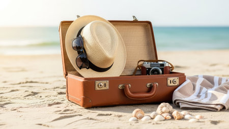 Vacation and travel concept. Vintage suitcase with hat, sunglasses and towel on the beachの素材