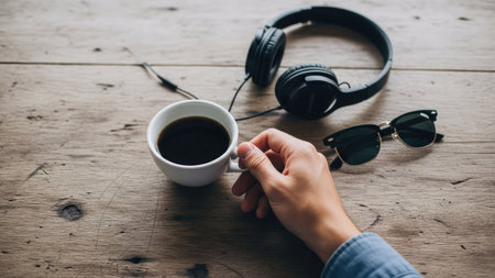Woman hand holding coffee cup and headphone on wooden table, vintage toneの素材