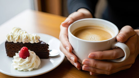 Woman hands holding cup of coffee with cake on wooden table in cafeの素材