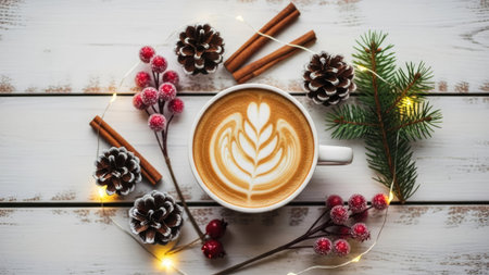Cup of coffee with latte art on white wooden background.の素材