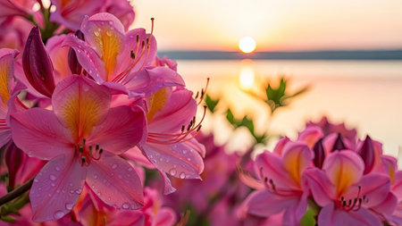 Pink lilies on the background of the setting sun and the sea.の素材