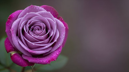Purple rose with water drops on petals on blurred background.の素材