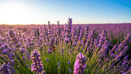 Sunset over purple lavender field in Provence, Franceの素材