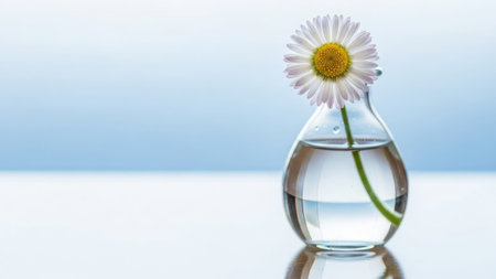 Daisy flower in glass vase on blue background with copy spaceの素材