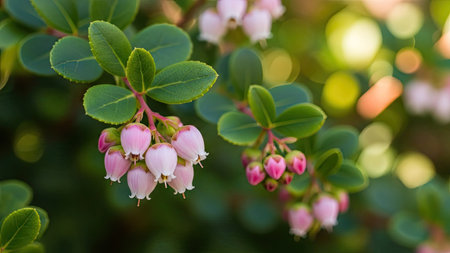 Close up of blueberry (Vaccinium vitis-idaea) flowersの素材