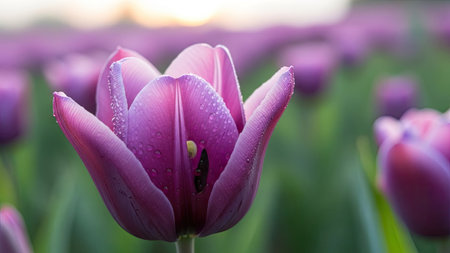 Purple tulips with dew drops in the field at sunsetの素材