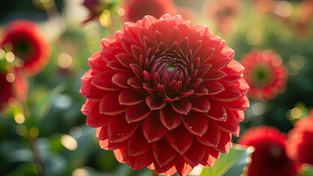 Beautiful red dahlia flower in the garden with sunlight.の素材