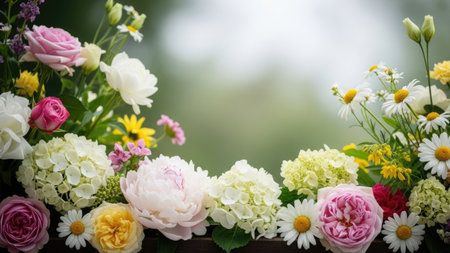 Beautiful bouquet of different flowers on wooden background. Selective focus.の素材