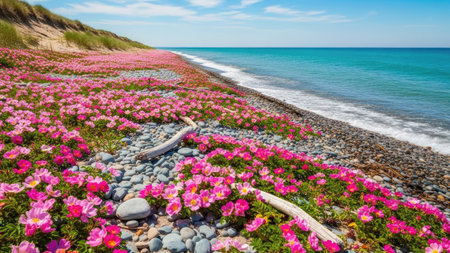 Pink flowers on the beach in summer with sand dunes and blue skyの素材