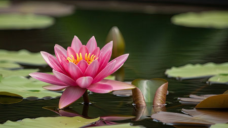 Pink water lily in a pond with green leaves in the backgroundの素材