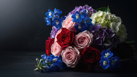 Bouquet of colorful flowers on a dark background, close upの素材