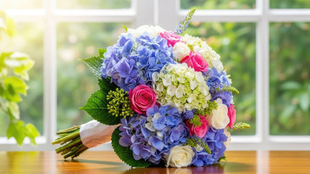 Bridal bouquet of hydrangea and roses on a wooden tableの素材