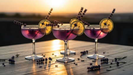 Lavender cocktails on wooden table with lavender flowers at sunsetの素材