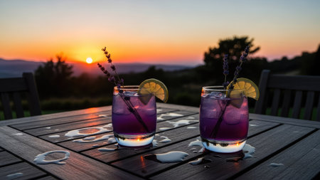 Alcoholic cocktails with lavender and lime on wooden table at sunsetの素材