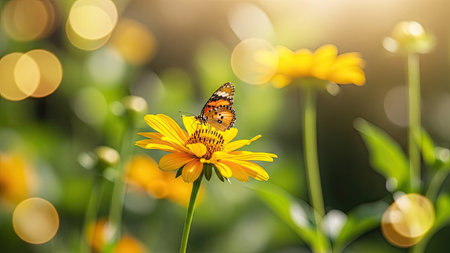 Butterfly on yellow daisy flower with bokeh backgroundの素材