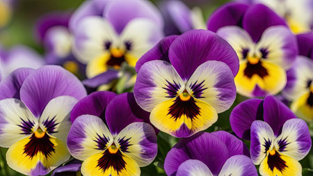 Purple and yellow pansy flowers blooming in spring garden.の素材