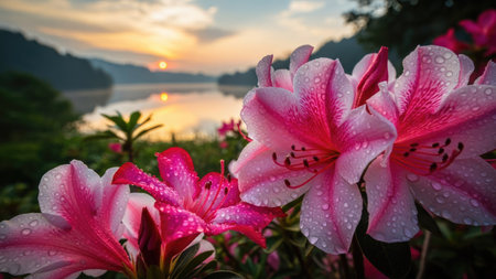 Beautiful pink lily flower in the garden with sunrise background.の素材
