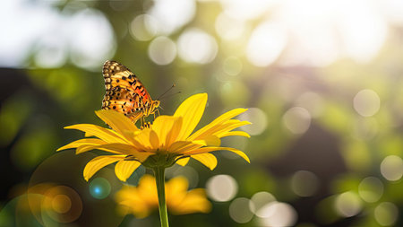 Butterfly on yellow flower with bokeh background and sunlightの素材