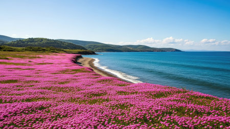 Carpathian sea shore with pink flowers in summer, Ukraineの素材