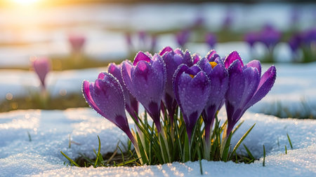 Crocuses in the snow. The first spring flowers. Early spring.の素材