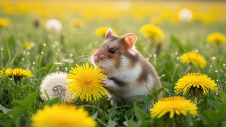 Hamster on dandelion flower meadow with dandelionsの素材