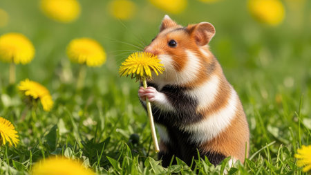 Cute hamster with dandelion flower in the spring grassの素材