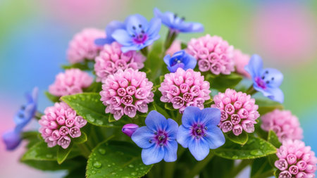 Bouquet of blue and pink flowers on a blurred background.の素材