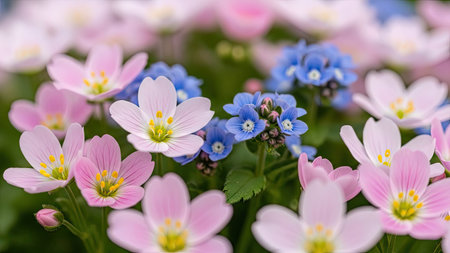 Close up of pink and blue flowers on a meadow in springの素材