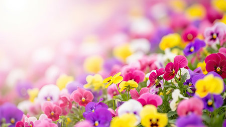 colorful pansy flowers in the garden on sunny day with lens flare effectの素材