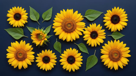 Sunflowers on blue background. Top view. Flat lay.の素材