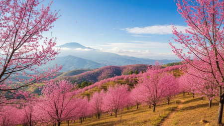 Pink sakura flowers blooming in the garden with mountain background.の素材