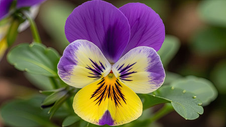 Purple and yellow pansy flowers with green leaves in the gardenの素材