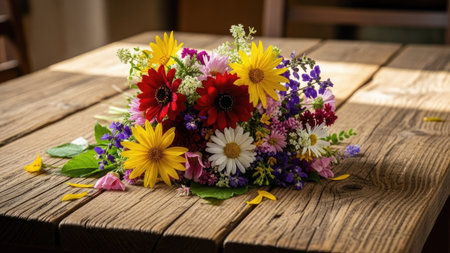 Bouquet of colorful wildflowers on a wooden table.の素材