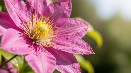 Beautiful pink clematis with water drops on a sunny dayの素材