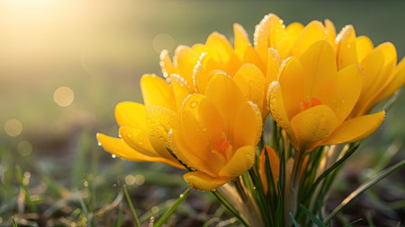 Yellow crocus flowers with dew drops on green grass in sunlightの素材