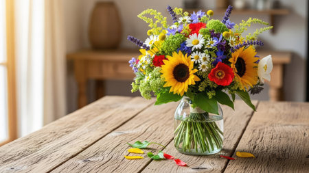 Bouquet of colorful wildflowers in vase on wooden tableの素材