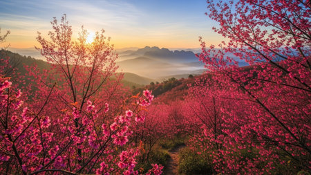 Peach blossom in the morning at Doi Ang Khang, Chiang Mai, Thailandの素材