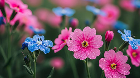 Beautiful pink and blue flowers in the garden. Selective focus.の素材