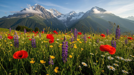 Wild flowers in the high alpine meadow with mountains in the backgroundの素材