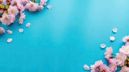 cherry blossom on blue background with space for text, top viewの素材